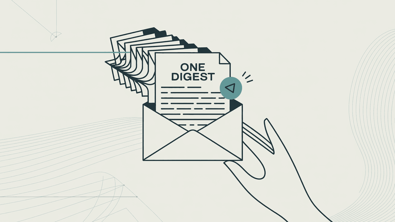 Email efficiency transformation showing multiple newsletters being consolidated into one comprehensive digest